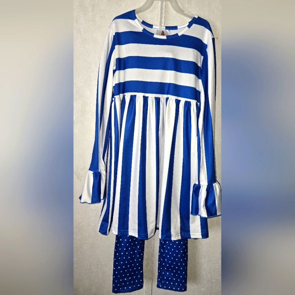 Size 12/14 Ruffle Girls Royal Blue and White Fall ruffle tunic and leggings set